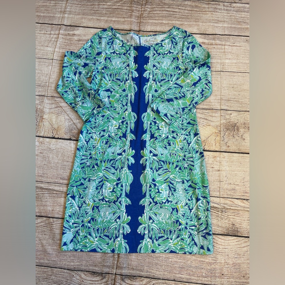 😍Lilly Pulitzer green royal blue white dress 3/4 sleeves wide neck size medium